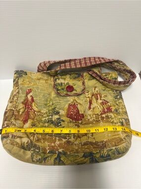 Vintage Handmade Toile Bag with Plaid Trim